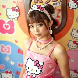 A cute and stylish woman dressed in a Hello Kitty themed outfit