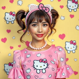 A cute and stylish woman dressed in a Hello Kitty themed outfit