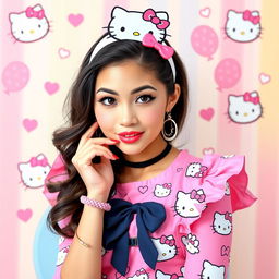 A cute and stylish woman dressed in a Hello Kitty themed outfit