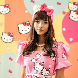 A cute and stylish woman dressed in a Hello Kitty themed outfit