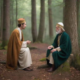 A regal prince in royal attire having a humble conversation with a wise hermit in a tranquil forest setting.