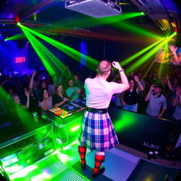 Experience the electrifying atmosphere as a Scottish DJ, clad in a traditional plaid kilt, performs captivating trance music in a dynamic nightclub setting