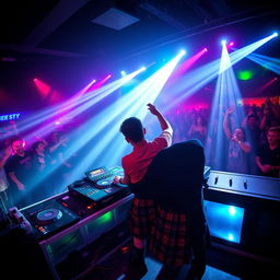 Experience the electrifying atmosphere as a Scottish DJ, clad in a traditional plaid kilt, performs captivating trance music in a dynamic nightclub setting