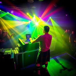 Experience the electrifying atmosphere as a Scottish DJ, clad in a traditional plaid kilt, performs captivating trance music in a dynamic nightclub setting