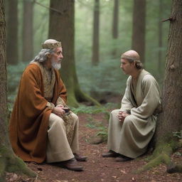 A regal prince in royal attire having a humble conversation with a wise hermit in a tranquil forest setting.