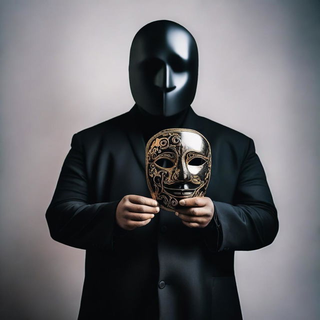 Create an image of a large, faceless man with a black body. He is holding a Venetian mask in his hand.