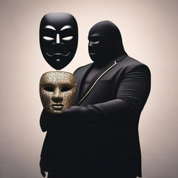 Create an image of a large, faceless man with a black body. He is holding a Venetian mask in his hand.