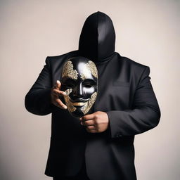 Create an image of a large, faceless man with a black body. He is holding a Venetian mask in his hand.