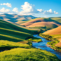 A beautiful landscape featuring rolling hills, a clear blue sky, and a serene river flowing through a lush meadow