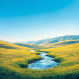 A beautiful landscape featuring rolling hills, a clear blue sky, and a serene river flowing through a lush meadow