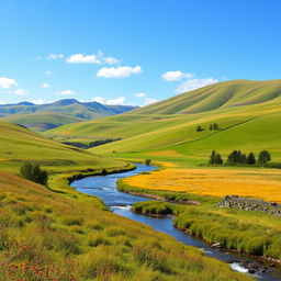 A beautiful landscape featuring rolling hills, a clear blue sky, and a serene river flowing through a lush meadow