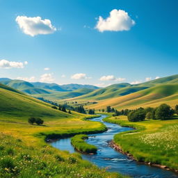 A beautiful landscape featuring rolling hills, a clear blue sky, and a serene river flowing through a lush meadow