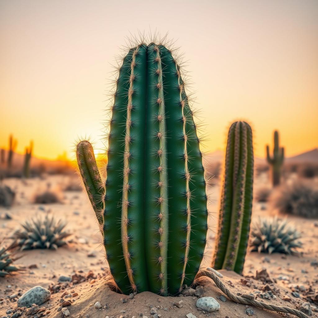 A detailed image of a cactus in a desert landscape