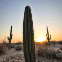 A detailed image of a cactus in a desert landscape