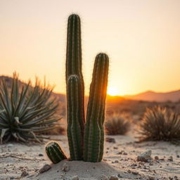 A detailed image of a cactus in a desert landscape