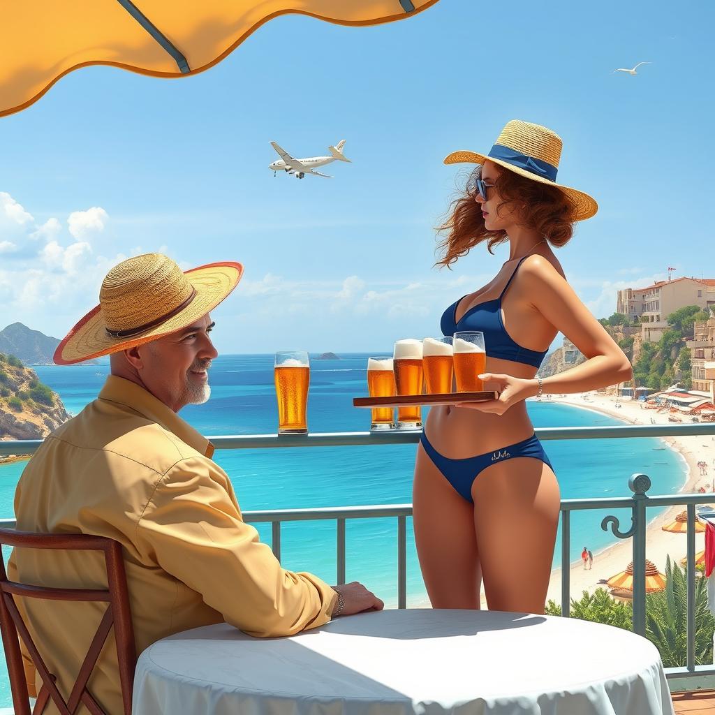 Create an image of a bald man in a straw hat sitting at a table overlooking a Mediterranean beach