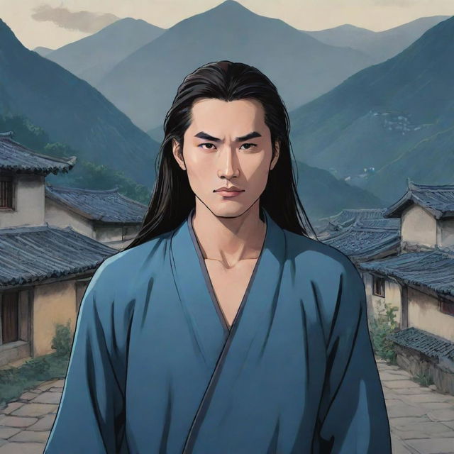 A handsome, expressionless Chinese comic character with long hair in a traditional village with rural mountains in the dark, mysterious background