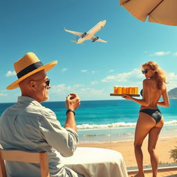 Create an image of a bald man in a straw hat sitting at a table overlooking a Mediterranean beach