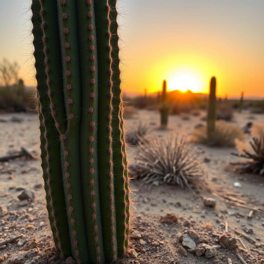 A detailed image of a cactus in a desert landscape