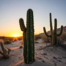 A detailed image of a cactus in a desert landscape