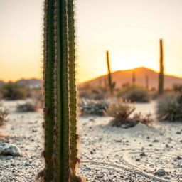 A detailed image of a cactus in a desert landscape