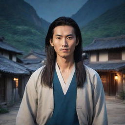 A handsome, expressionless Chinese comic character with long hair in a traditional village with rural mountains in the dark, mysterious background