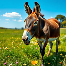 A large and muscular donkey standing in a picturesque countryside field