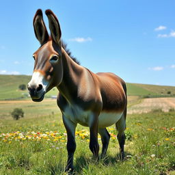 A large and muscular donkey standing in a picturesque countryside field