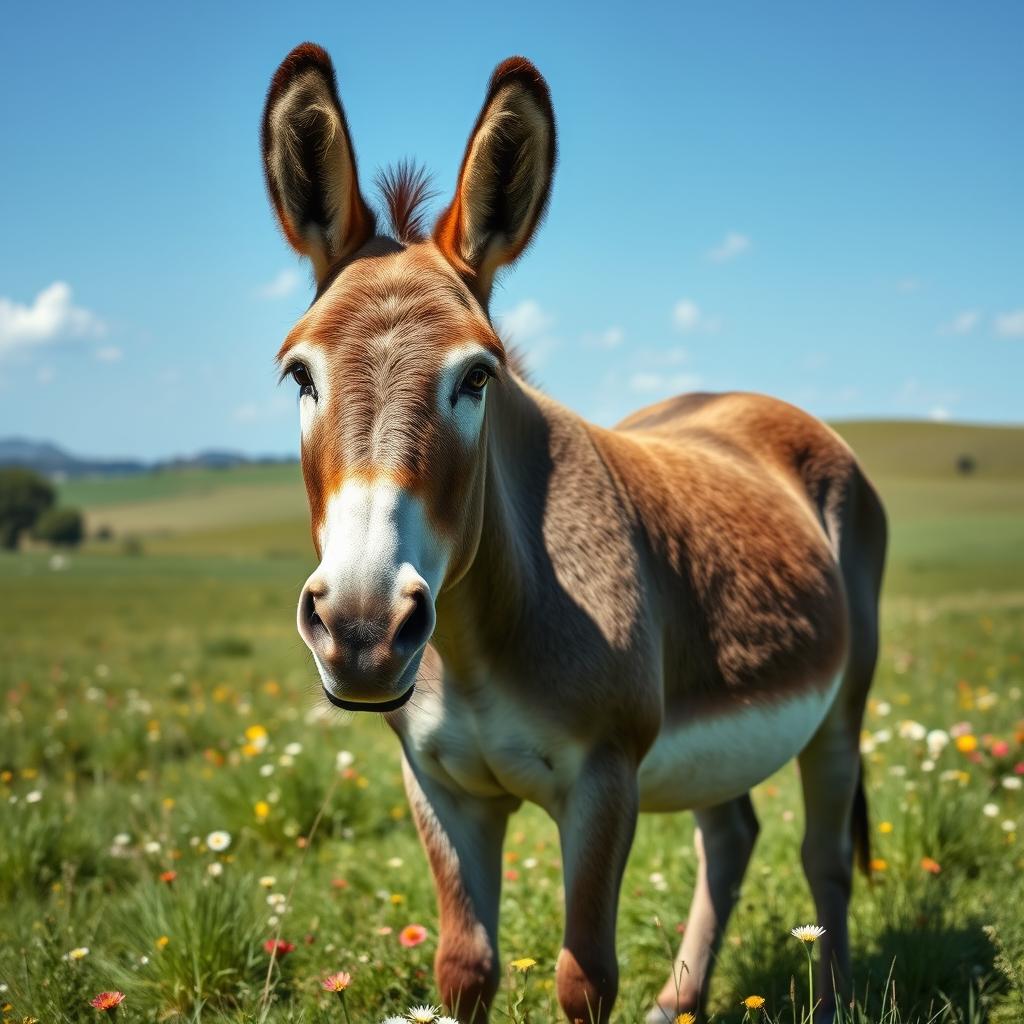 A large and muscular donkey standing in a picturesque countryside field