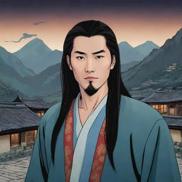 A handsome, expressionless Chinese comic character with long hair in a traditional village with rural mountains in the dark, mysterious background