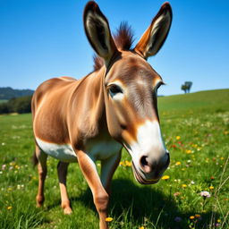 A large and muscular donkey standing in a picturesque countryside field