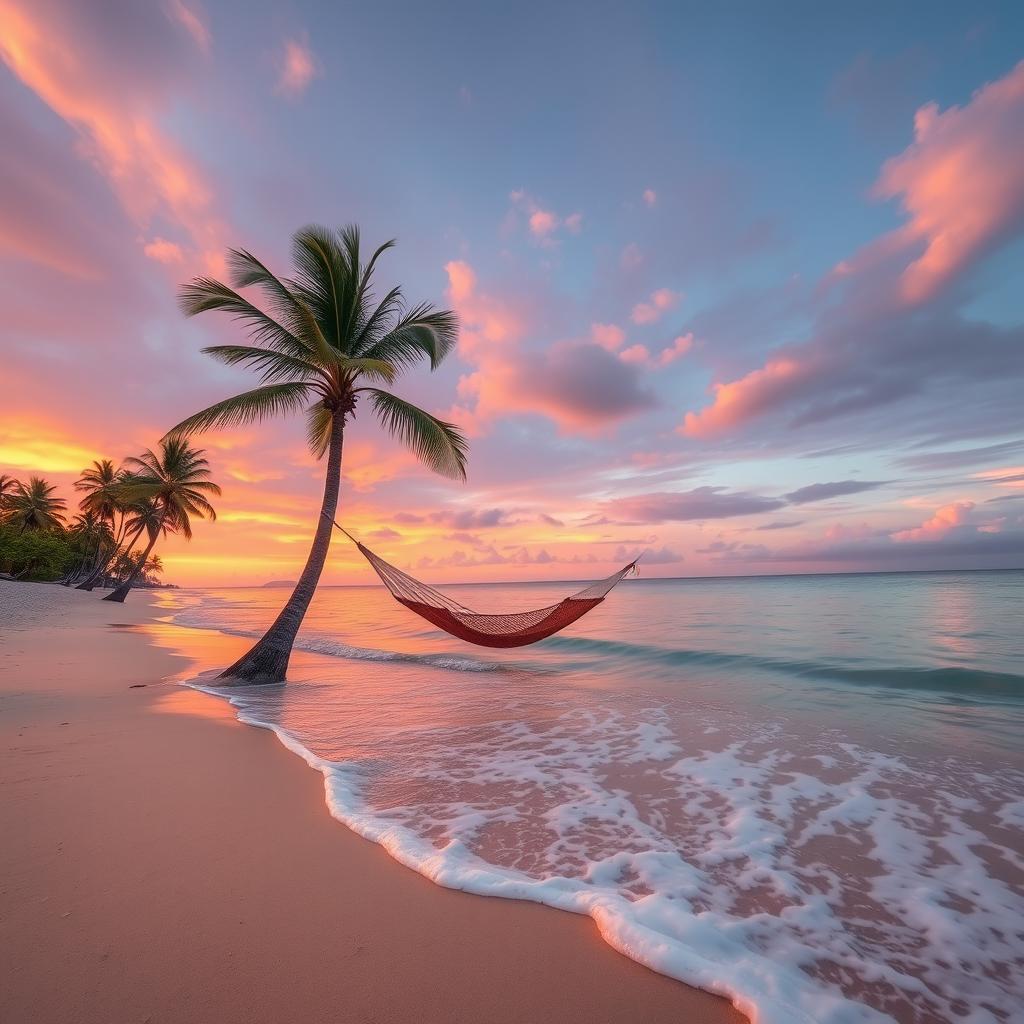 Create an image of a serene beach at sunset, with soft waves gently crashing on the shore