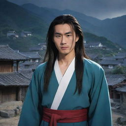 A handsome, expressionless Chinese comic character with long hair in a traditional village with rural mountains in the dark, mysterious background