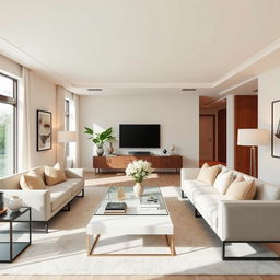 A beautifully designed modern living room with stylish furniture, elegant decor, and ample natural light