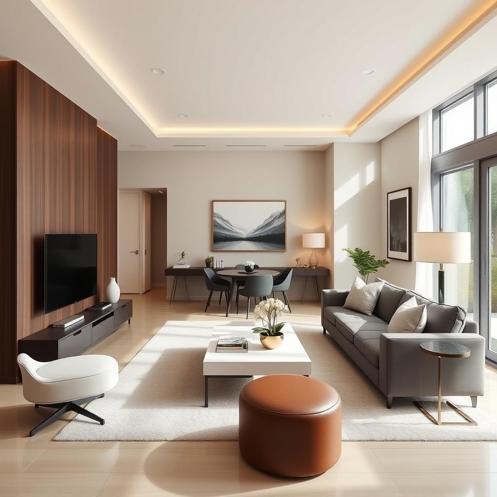 A beautifully designed modern living room with stylish furniture, elegant decor, and ample natural light