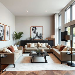 A beautifully designed modern living room with stylish furniture, elegant decor, and ample natural light