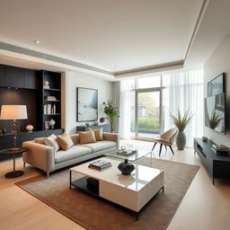 A beautifully designed modern living room with stylish furniture, elegant decor, and ample natural light