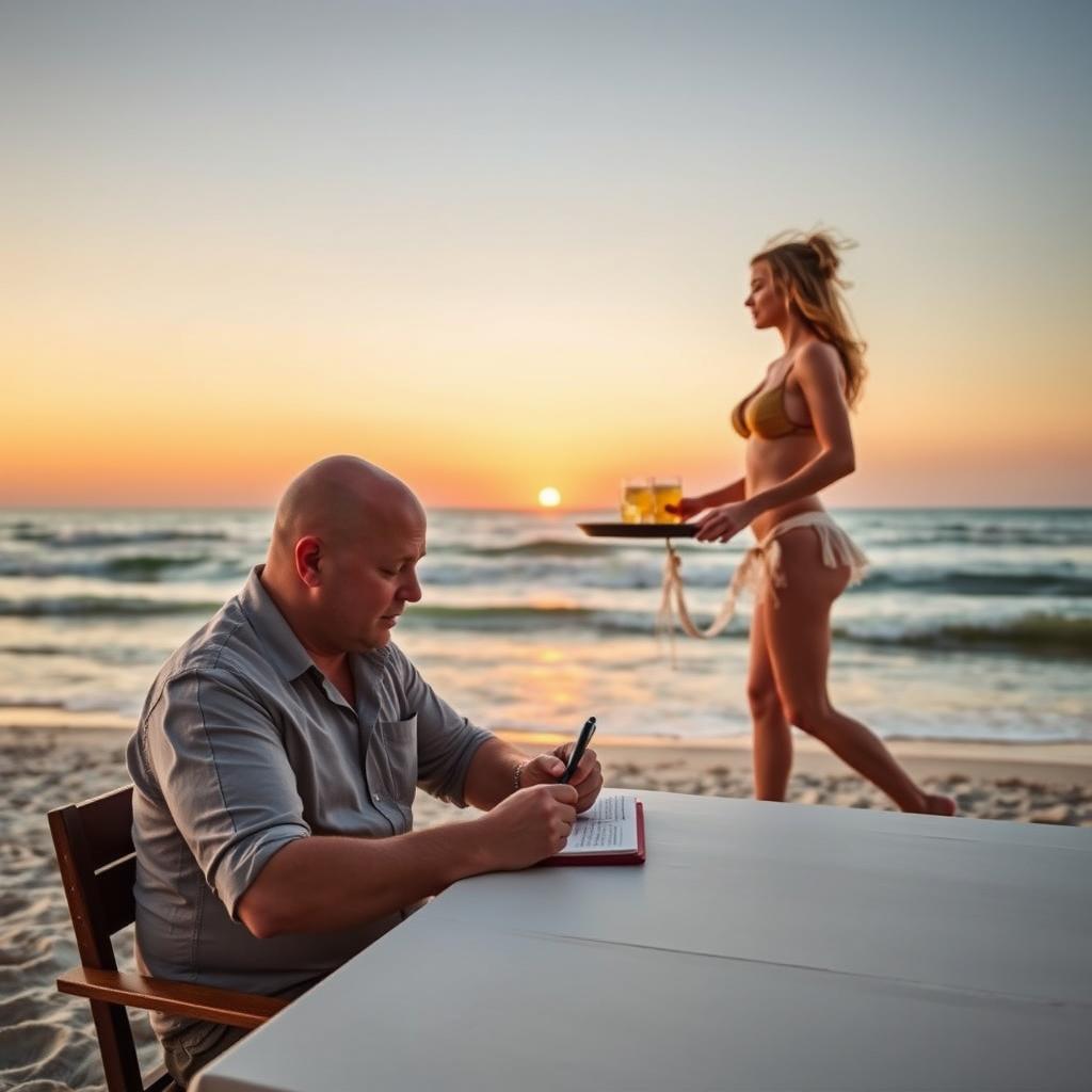 A bald writer is sitting at a table on a serene beach, focusing on his work with a notebook and pen