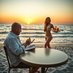 A bald writer is sitting at a table on a serene beach, focusing on his work with a notebook and pen