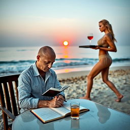 A bald writer is sitting at a table on a serene beach, focusing on his work with a notebook and pen