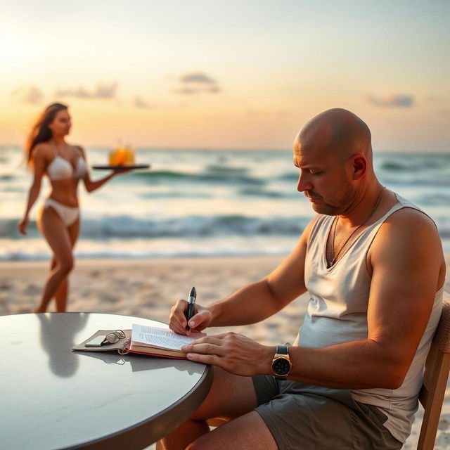 A bald writer is sitting at a table on a serene beach, focusing on his work with a notebook and pen