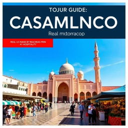 A visually appealing tour guide cover for visitors to Casablanca, Morocco, prominently featuring real photographs of the Hassan II Mosque