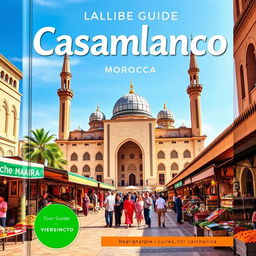 A visually appealing tour guide cover for visitors to Casablanca, Morocco, prominently featuring real photographs of the Hassan II Mosque