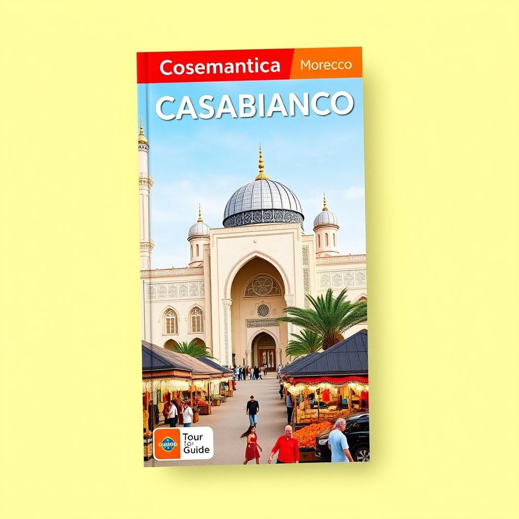 A visually appealing tour guide cover for visitors to Casablanca, Morocco, prominently featuring real photographs of the Hassan II Mosque