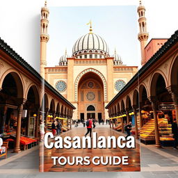 A visually appealing tour guide cover for visitors to Casablanca, Morocco, prominently featuring real photographs of the Hassan II Mosque