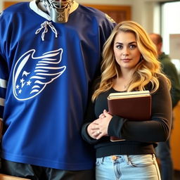 A 6’4 hockey goalie with brown eyes wearing a blue jersey, holding the waist of a 5’3 curvy blonde girl with brown eyes who is holding books