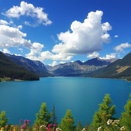 A beautiful landscape featuring a serene lake surrounded by mountains under a clear blue sky with fluffy white clouds