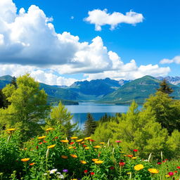 A beautiful landscape featuring a serene lake surrounded by mountains under a clear blue sky with fluffy white clouds