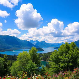 A beautiful landscape featuring a serene lake surrounded by mountains under a clear blue sky with fluffy white clouds