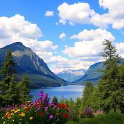 A beautiful landscape featuring a serene lake surrounded by mountains under a clear blue sky with fluffy white clouds